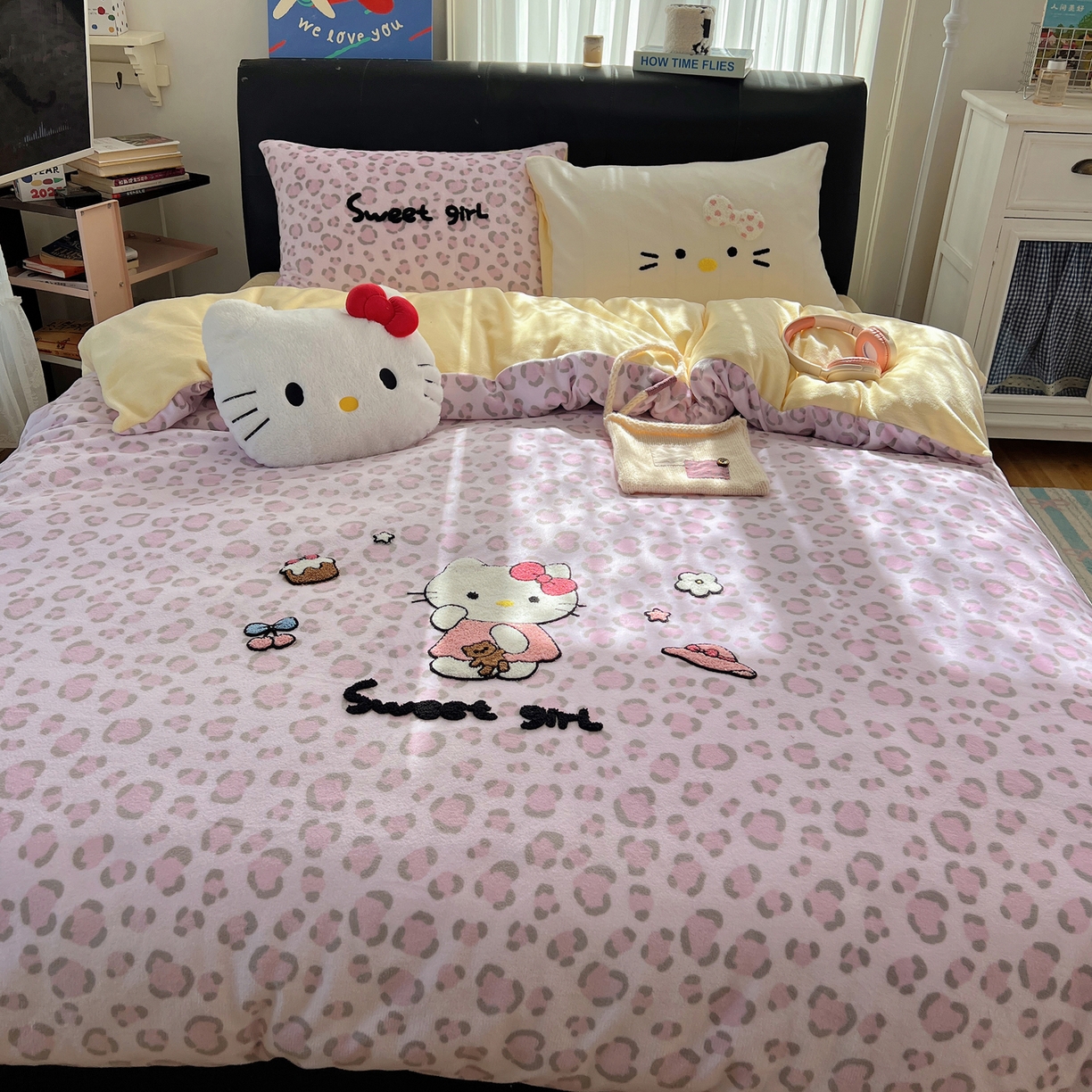 91家纺网 家纺一手货源 找家纺 桃喜 2025新款猫咪毛巾绣四件套 小猫豹纹粉