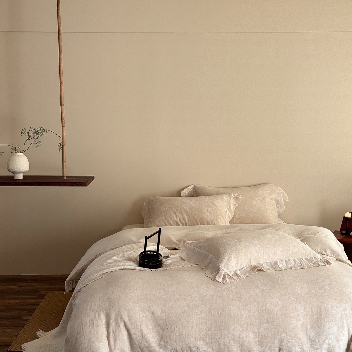 91家纺网 家纺一手货源 找家纺 （总）爱丽丝 2026新款色织提花棉麻四件套-醒时见春花边款