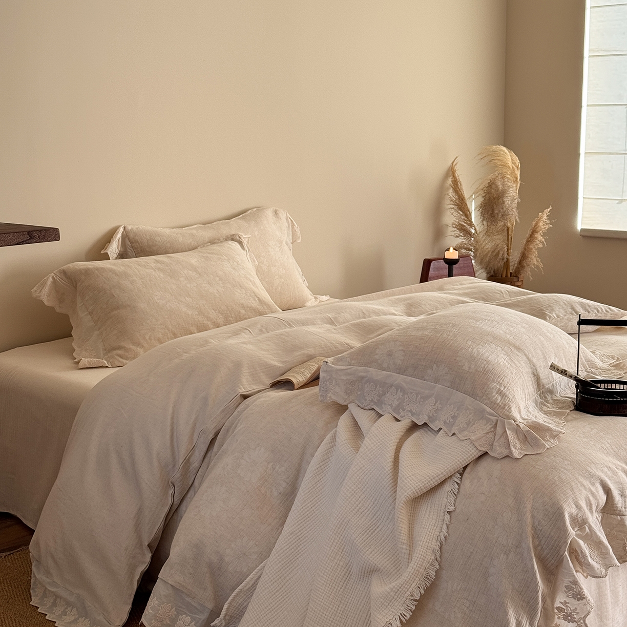 91家纺网 家纺一手货源 找家纺 （总）爱丽丝 2026新款色织提花棉麻四件套-醒时见春花边款