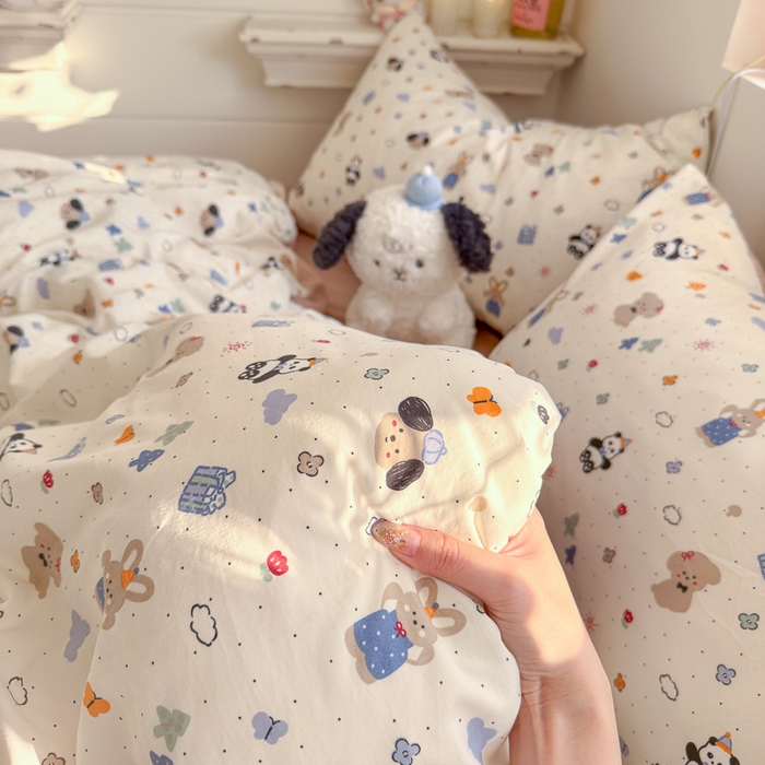 91家纺网 家纺一手货源 找家纺 佳鸿家纺 2026新款【提供买家秀】110克高克重云朵棉四件套学生宿舍三件套床单款床笠款 奶糖动物园