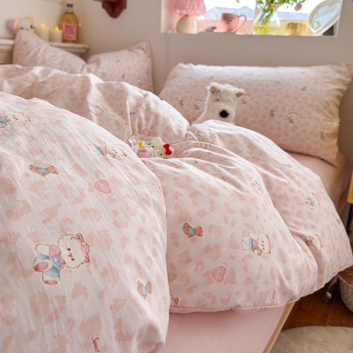 91家纺网 家纺一手货源 找家纺 佳鸿家纺 2026新款【提供买家秀】110克高克重云朵棉四件套学生宿舍三件套床单款床笠款 桃粉熊心