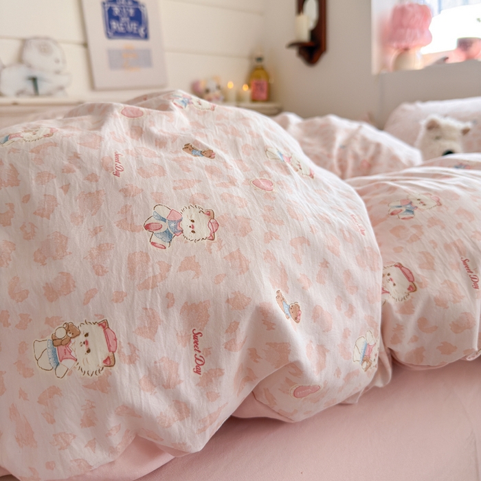 91家纺网 家纺一手货源 找家纺 佳鸿家纺 2026新款【提供买家秀】110克高克重云朵棉四件套学生宿舍三件套床单款床笠款 桃粉熊心
