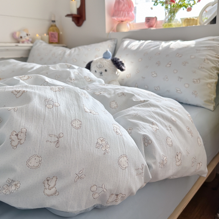 91家纺网 家纺一手货源 找家纺 佳鸿家纺 2026新款【提供买家秀】110克高克重云朵棉四件套学生宿舍三件套床单款床笠款 雾蓝软熊