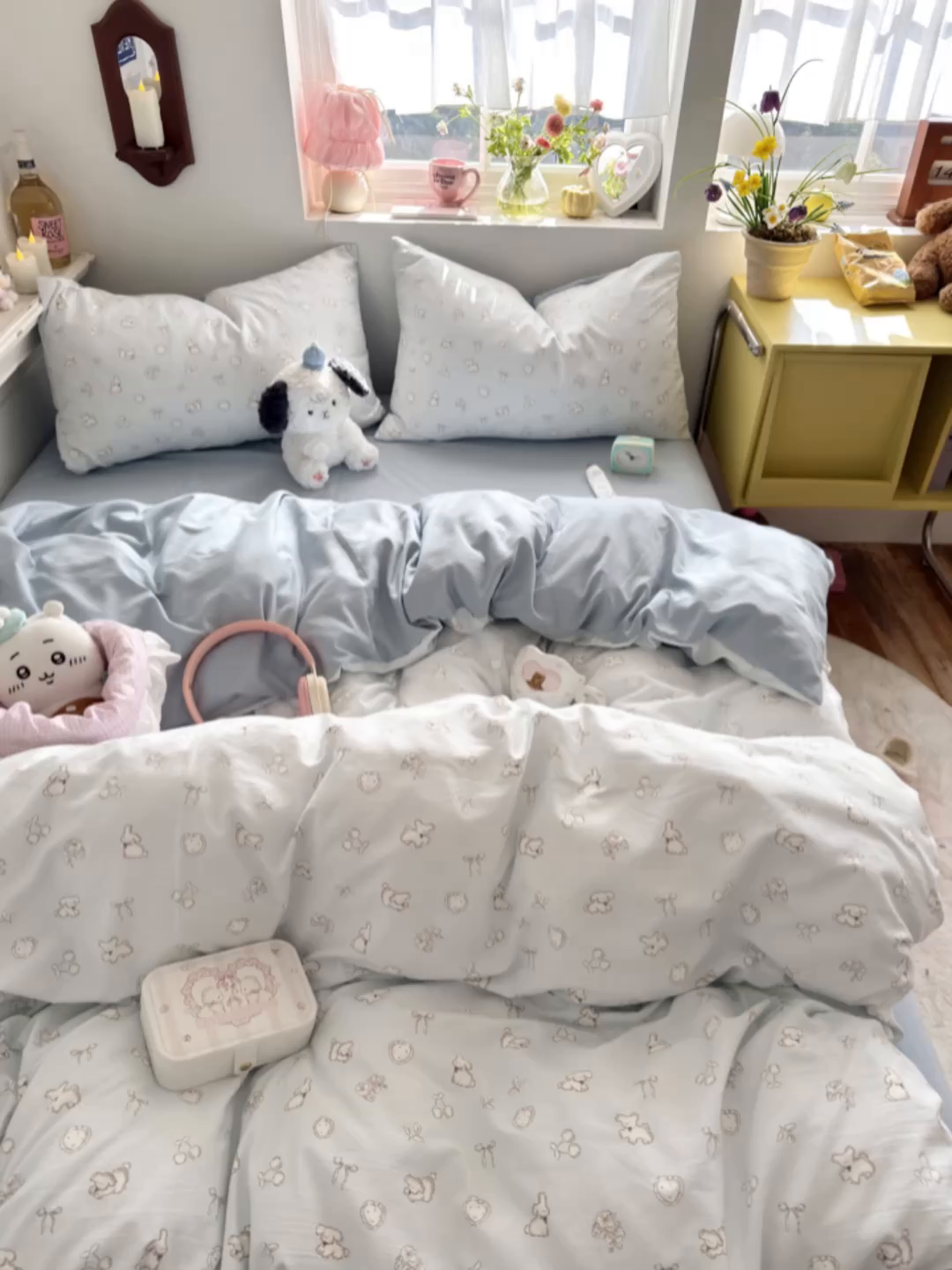 91家纺网 家纺一手货源 找家纺 佳鸿家纺 2026新款【提供买家秀】110克高克重云朵棉四件套学生宿舍三件套床单款床笠款 雾蓝软熊