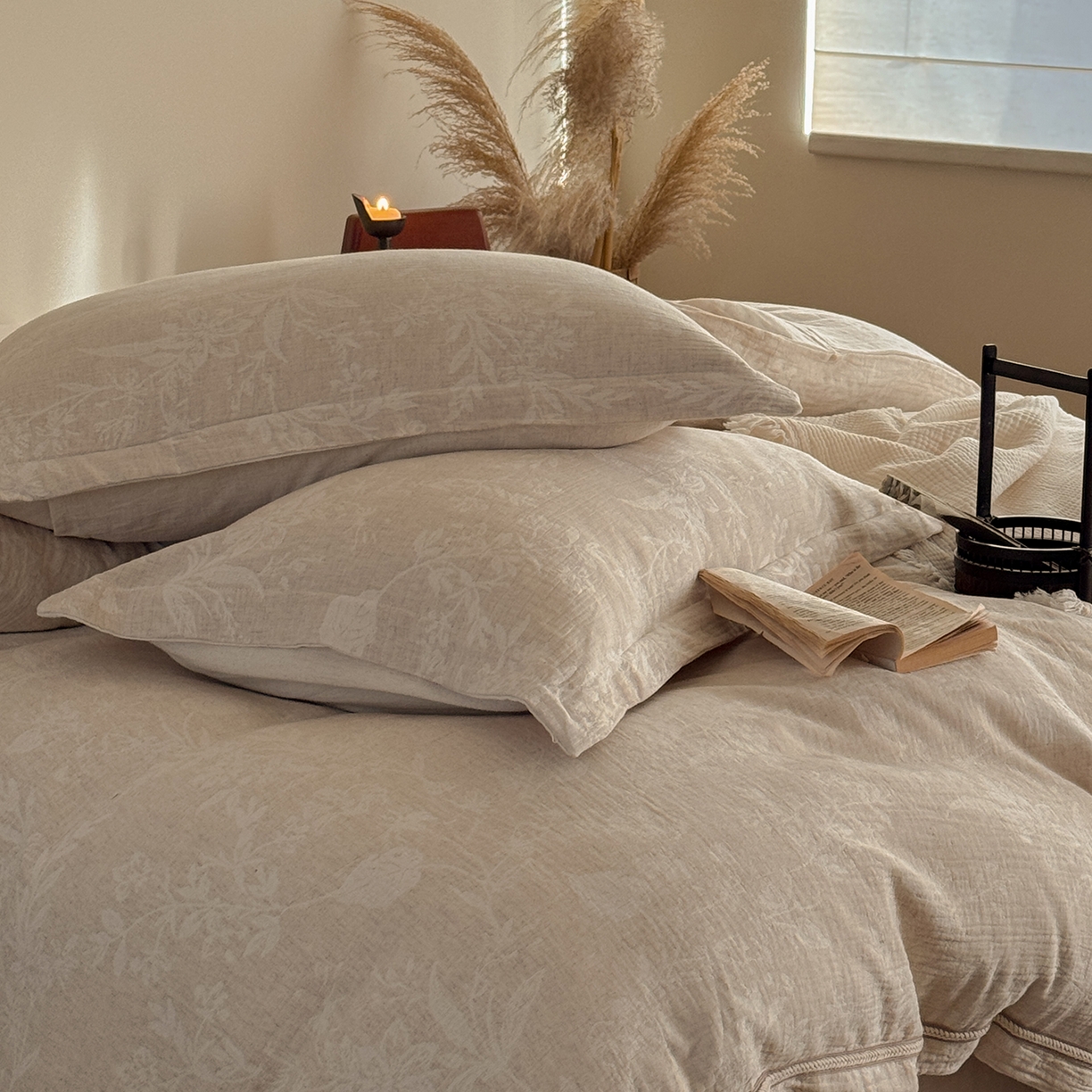 91家纺网 家纺一手货源 找家纺 （总）爱丽丝 2026新款色织提花棉麻四件套-如梦令织带款