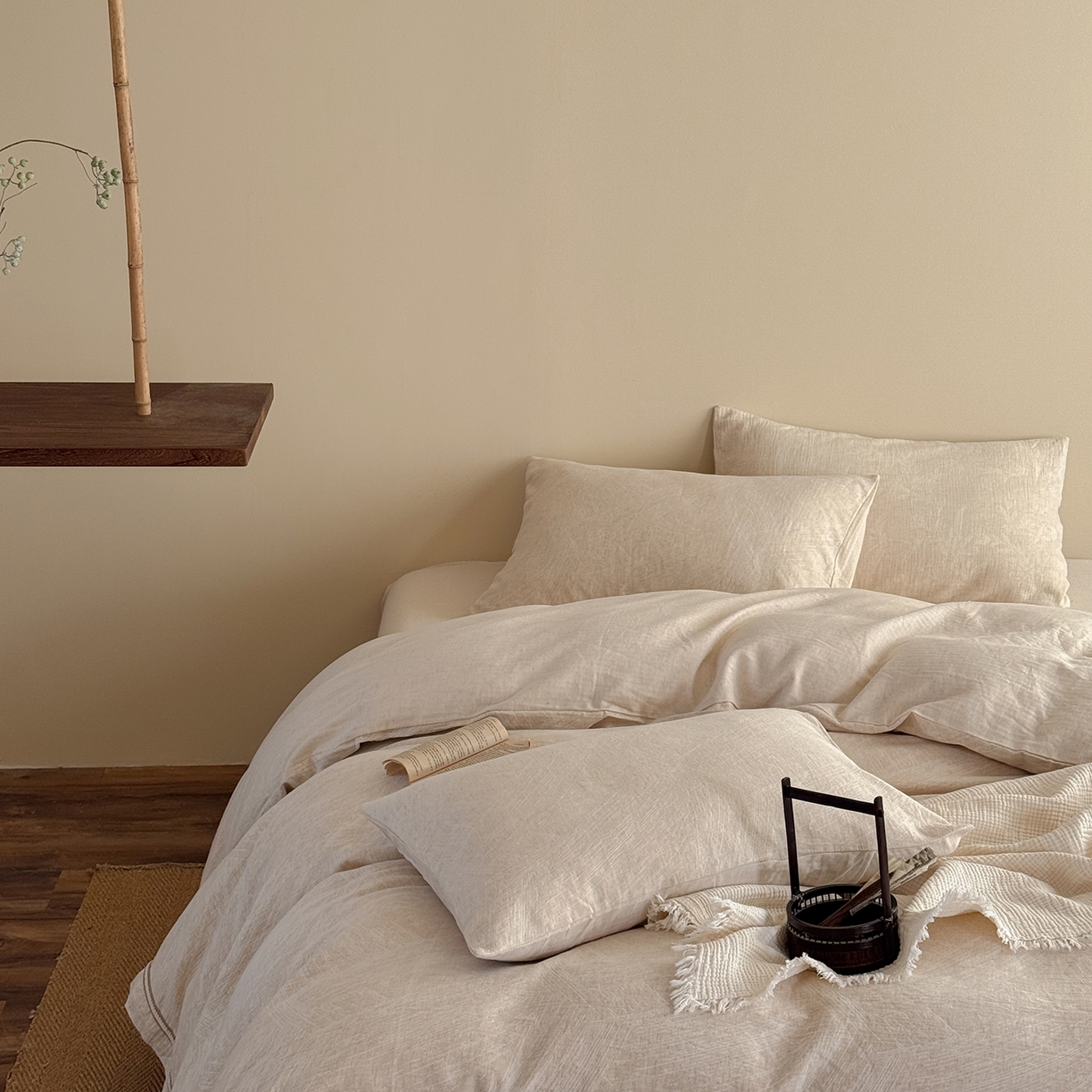 91家纺网 家纺一手货源 找家纺 （总）爱丽丝 2026新款色织提花棉麻四件套-鎏光织带款