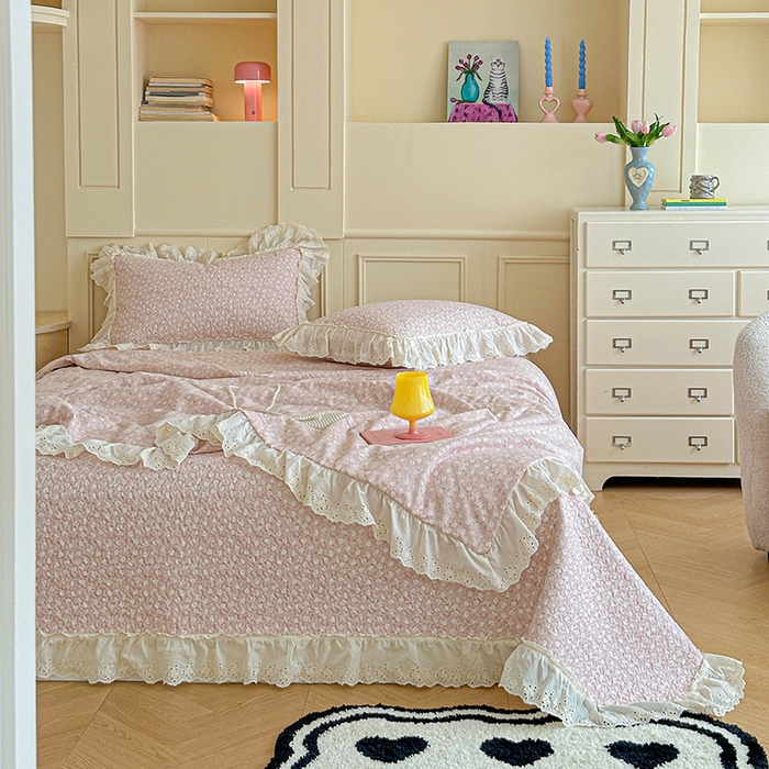 91家纺网 家纺一手货源 找家纺 栩裕纺织 2025新款全棉双层纱床盖三件套四件套 可可甜心粉