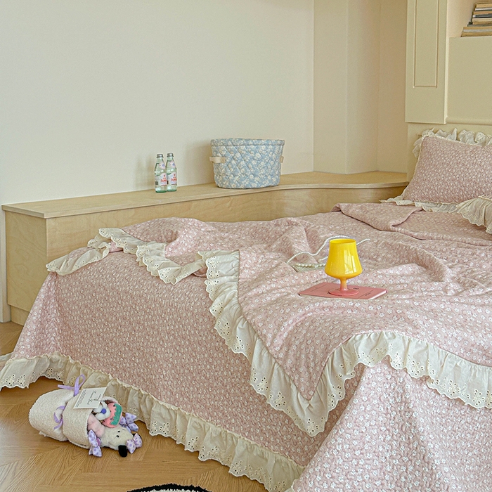 91家纺网 家纺一手货源 找家纺 栩裕纺织 2025新款全棉双层纱床盖三件套四件套 可可甜心粉