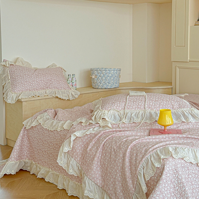 91家纺网 家纺一手货源 找家纺 栩裕纺织 2025新款全棉双层纱床盖三件套四件套 可可甜心粉