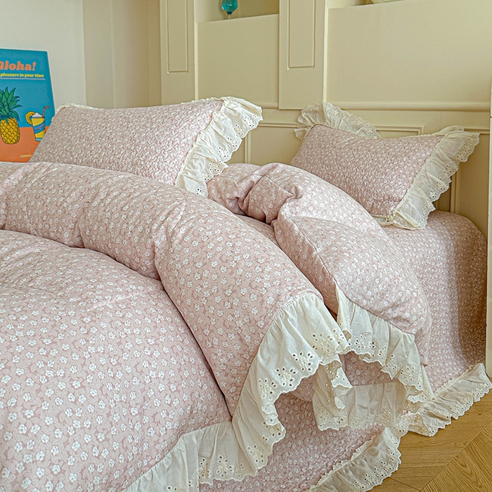 91家纺网 家纺一手货源 找家纺 栩裕纺织 2025新款全棉双层纱床盖三件套四件套 可可甜心粉