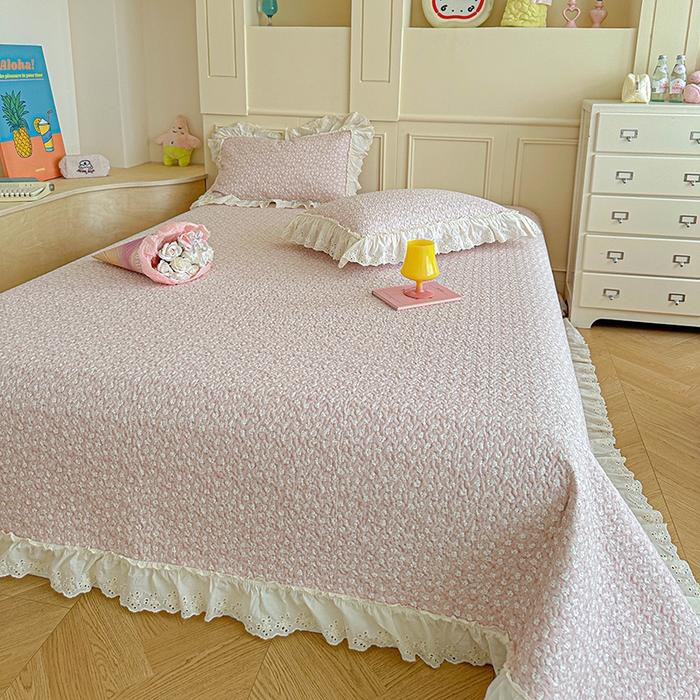 91家纺网 家纺一手货源 找家纺 栩裕纺织 2025新款全棉双层纱床盖三件套四件套 可可甜心粉