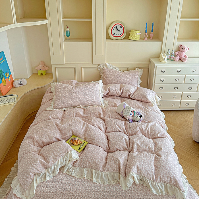 91家纺网 家纺一手货源 找家纺 栩裕纺织 2025新款全棉双层纱床盖三件套四件套 可可甜心粉