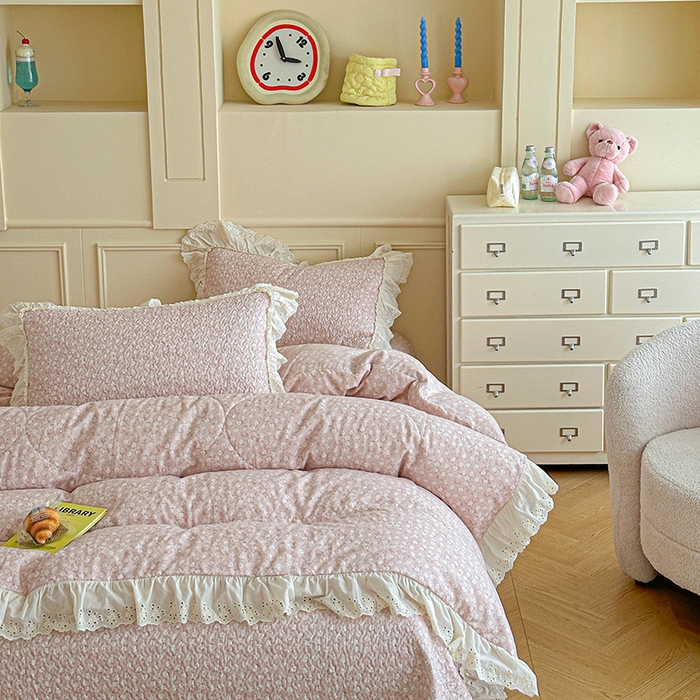 91家纺网 家纺一手货源 找家纺 栩裕纺织 2025新款全棉双层纱床盖三件套四件套 可可甜心粉