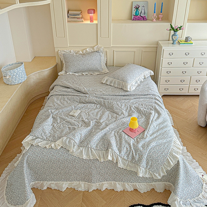 91家纺网 家纺一手货源 找家纺 栩裕纺织 2025新款全棉双层纱床盖三件套四件套 抹茶小团子-咖