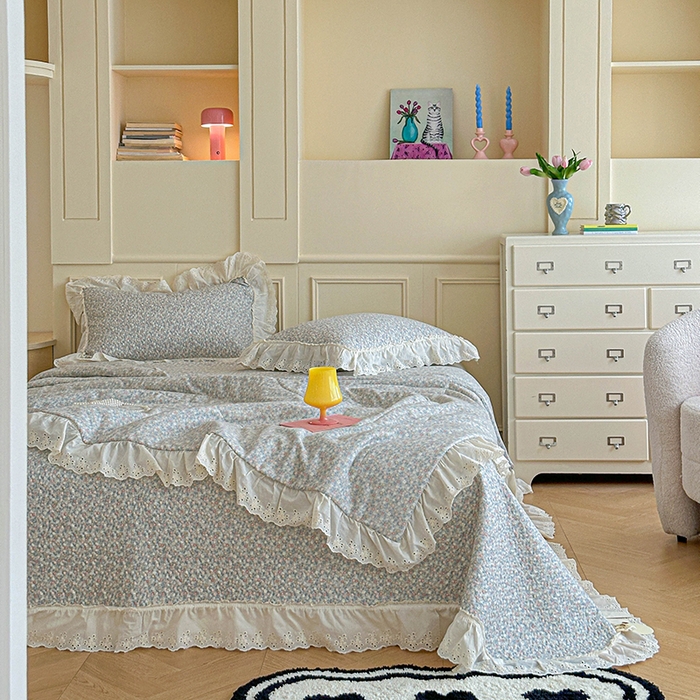 91家纺网 家纺一手货源 找家纺 栩裕纺织 2025新款全棉双层纱床盖三件套四件套 抹茶小团子-咖