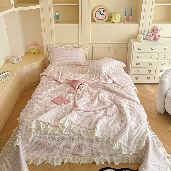 91家纺网 家纺一手货源 找家纺 栩裕纺织 2025新款全棉双层纱床盖三件套四件套 茉莉清风-粉