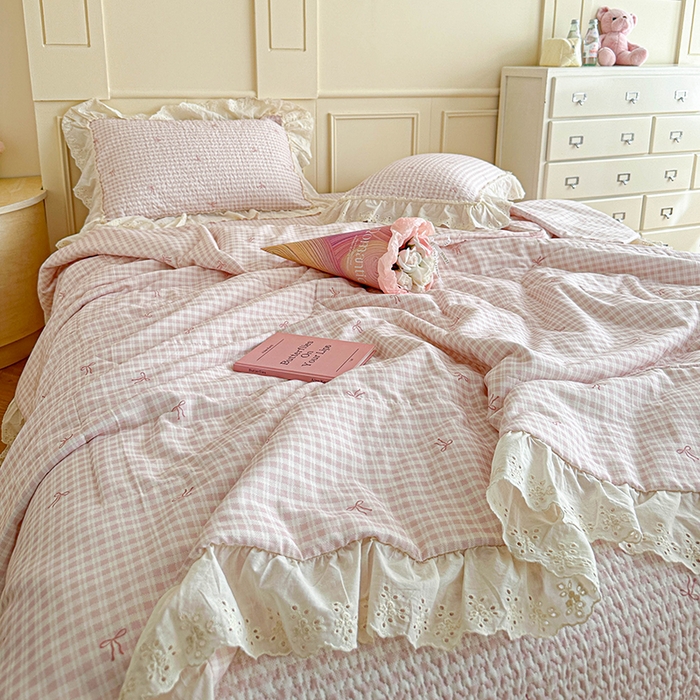 91家纺网 家纺一手货源 找家纺 栩裕纺织 2025新款全棉双层纱床盖三件套四件套 茉莉清风-粉