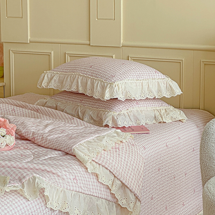 91家纺网 家纺一手货源 找家纺 栩裕纺织 2025新款全棉双层纱床盖三件套四件套 茉莉清风-粉