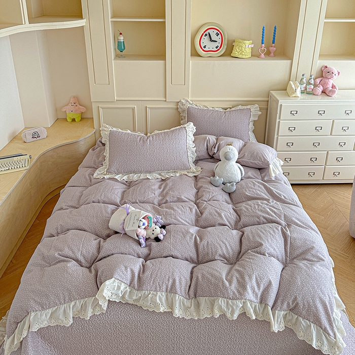 91家纺网 家纺一手货源 找家纺 栩裕纺织 2025新款全棉双层纱床盖三件套四件套 暮冬-紫