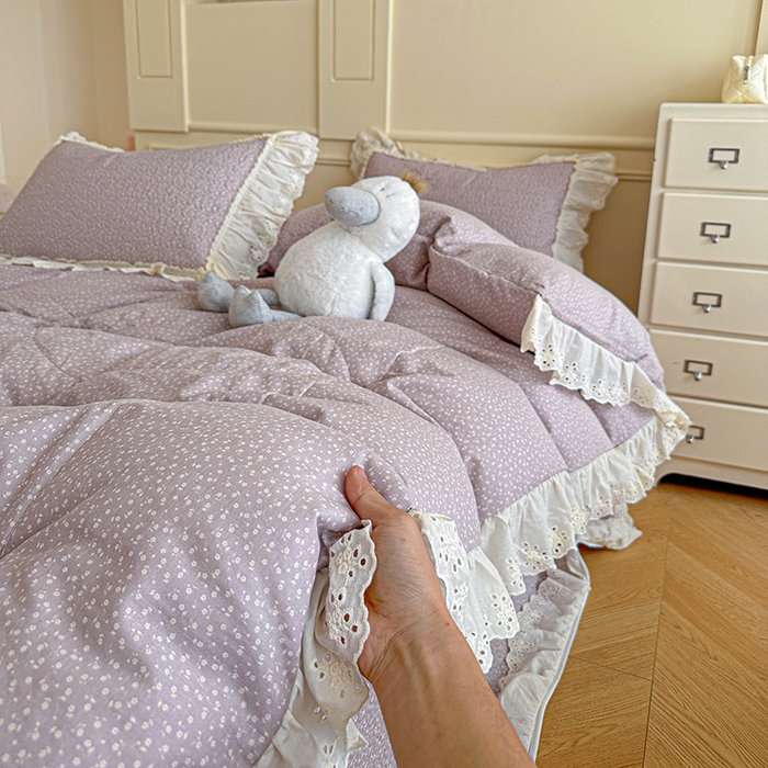 91家纺网 家纺一手货源 找家纺 栩裕纺织 2025新款全棉双层纱床盖三件套四件套 暮冬-紫