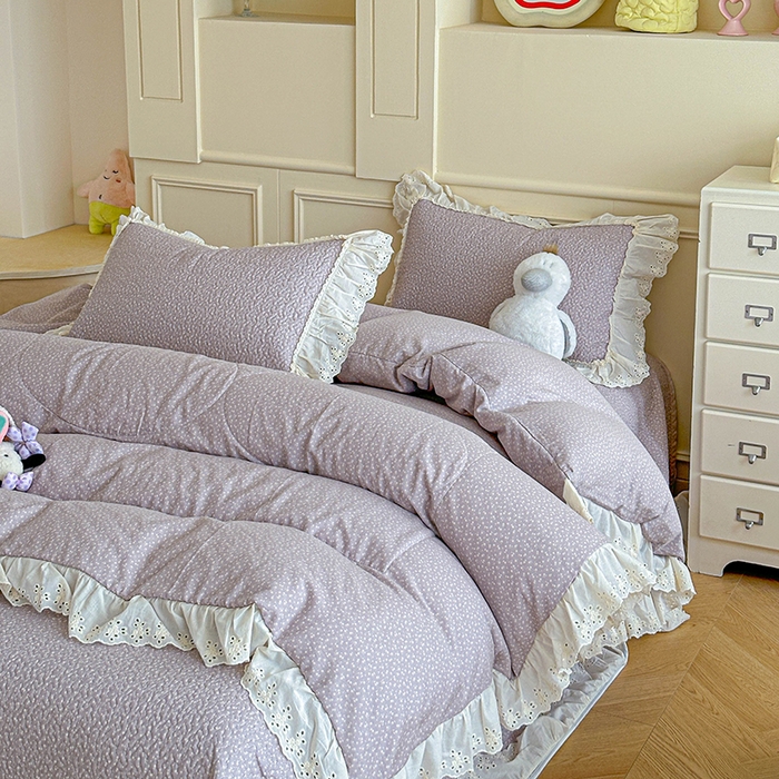 91家纺网 家纺一手货源 找家纺 栩裕纺织 2025新款全棉双层纱床盖三件套四件套 暮冬-紫