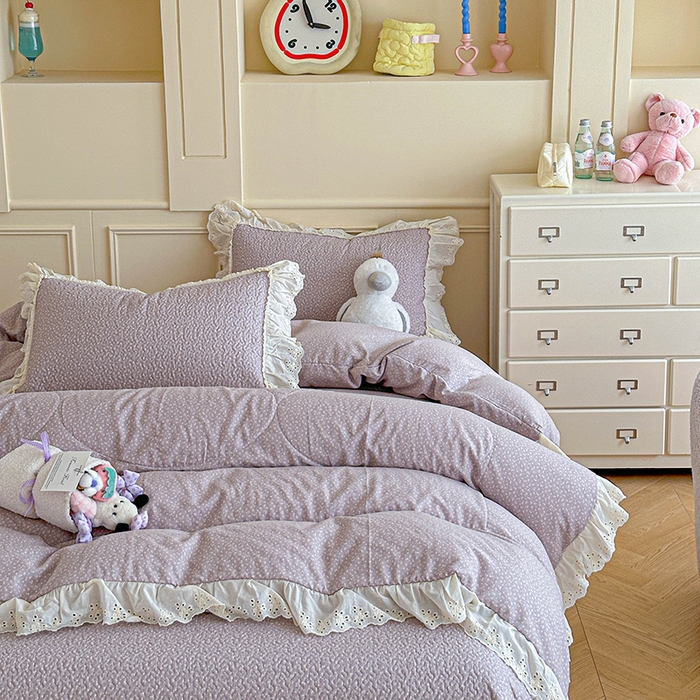 91家纺网 家纺一手货源 找家纺 栩裕纺织 2025新款全棉双层纱床盖三件套四件套 暮冬-紫