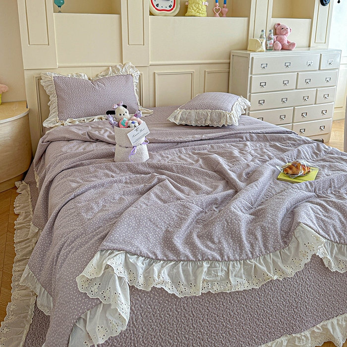 91家纺网 家纺一手货源 找家纺 栩裕纺织 2025新款全棉双层纱床盖三件套四件套 暮冬-紫