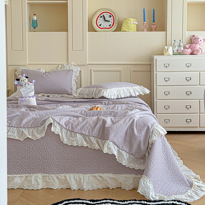 91家纺网 家纺一手货源 找家纺 栩裕纺织 2025新款全棉双层纱床盖三件套四件套 暮冬-紫