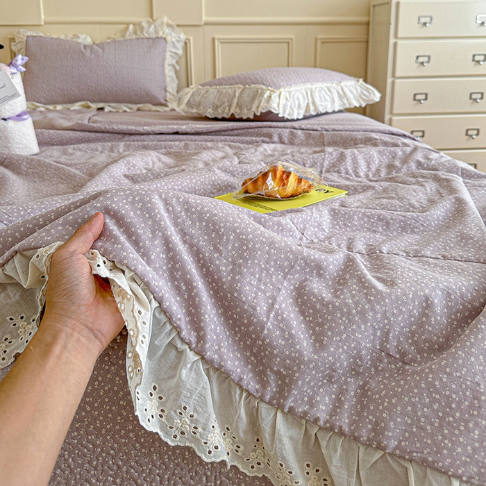 91家纺网 家纺一手货源 找家纺 栩裕纺织 2025新款全棉双层纱床盖三件套四件套 暮冬-紫