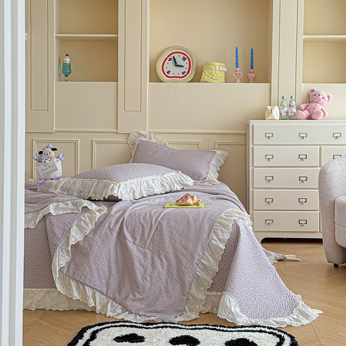 91家纺网 家纺一手货源 找家纺 栩裕纺织 2025新款全棉双层纱床盖三件套四件套 暮冬-紫