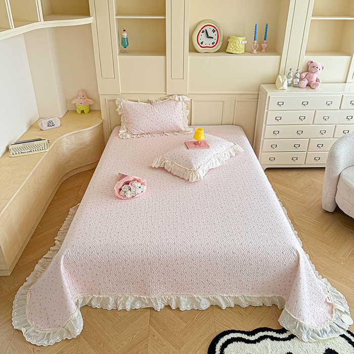 91家纺网 家纺一手货源 找家纺 栩裕纺织 2025新款全棉双层纱床盖三件套四件套 樱桃奶盖-粉