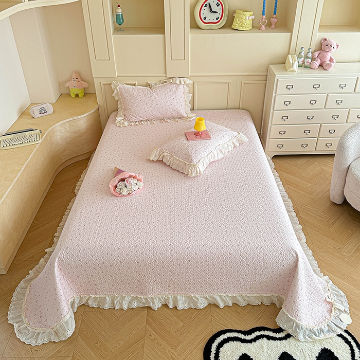 91家纺网 家纺一手货源 找家纺 栩裕纺织 2025新款全棉双层纱床盖三件套四件套 樱桃奶盖-粉