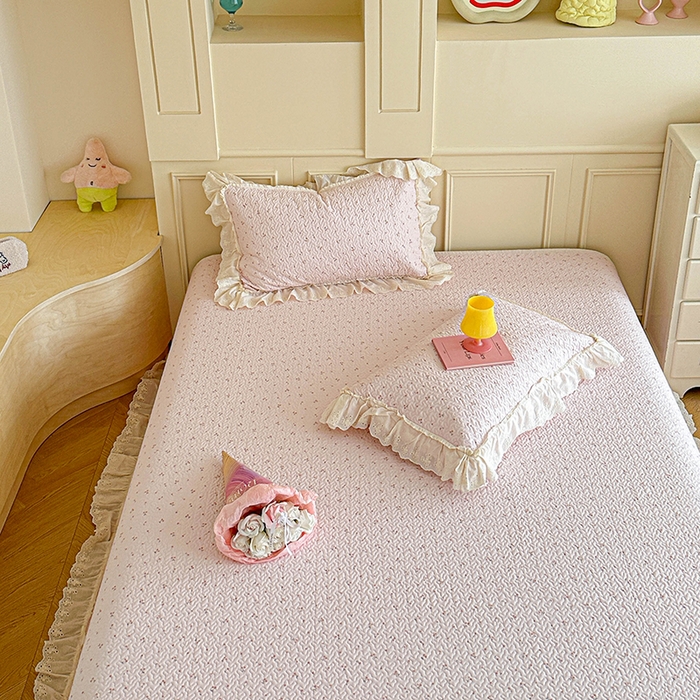 91家纺网 家纺一手货源 找家纺 栩裕纺织 2025新款全棉双层纱床盖三件套四件套 樱桃奶盖-粉