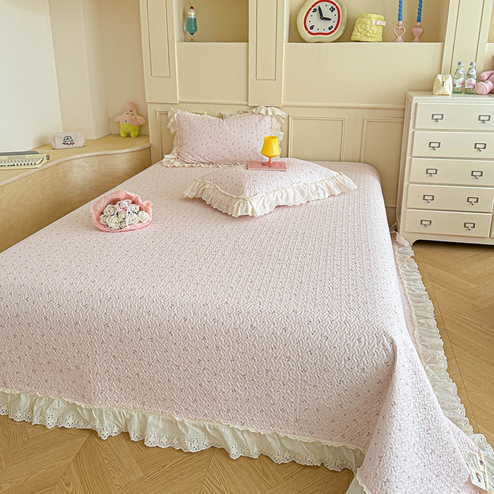 91家纺网 家纺一手货源 找家纺 栩裕纺织 2025新款全棉双层纱床盖三件套四件套 樱桃奶盖-粉