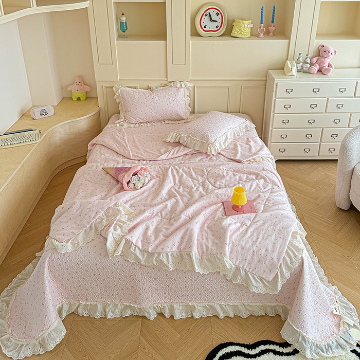 91家纺网 家纺一手货源 找家纺 栩裕纺织 2025新款全棉双层纱床盖三件套四件套 樱桃奶盖-粉