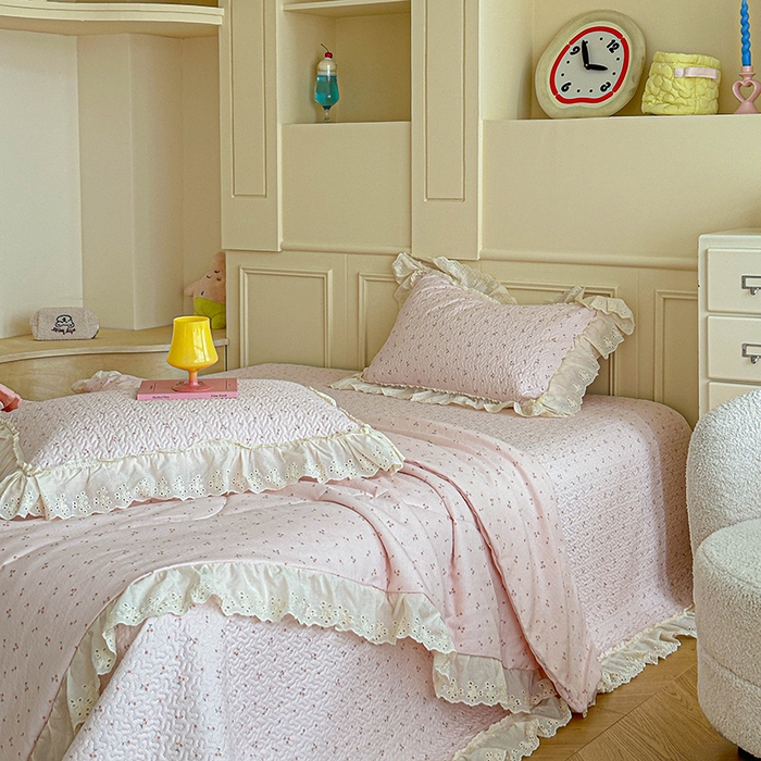 91家纺网 家纺一手货源 找家纺 栩裕纺织 2025新款全棉双层纱床盖三件套四件套 樱桃奶盖-粉