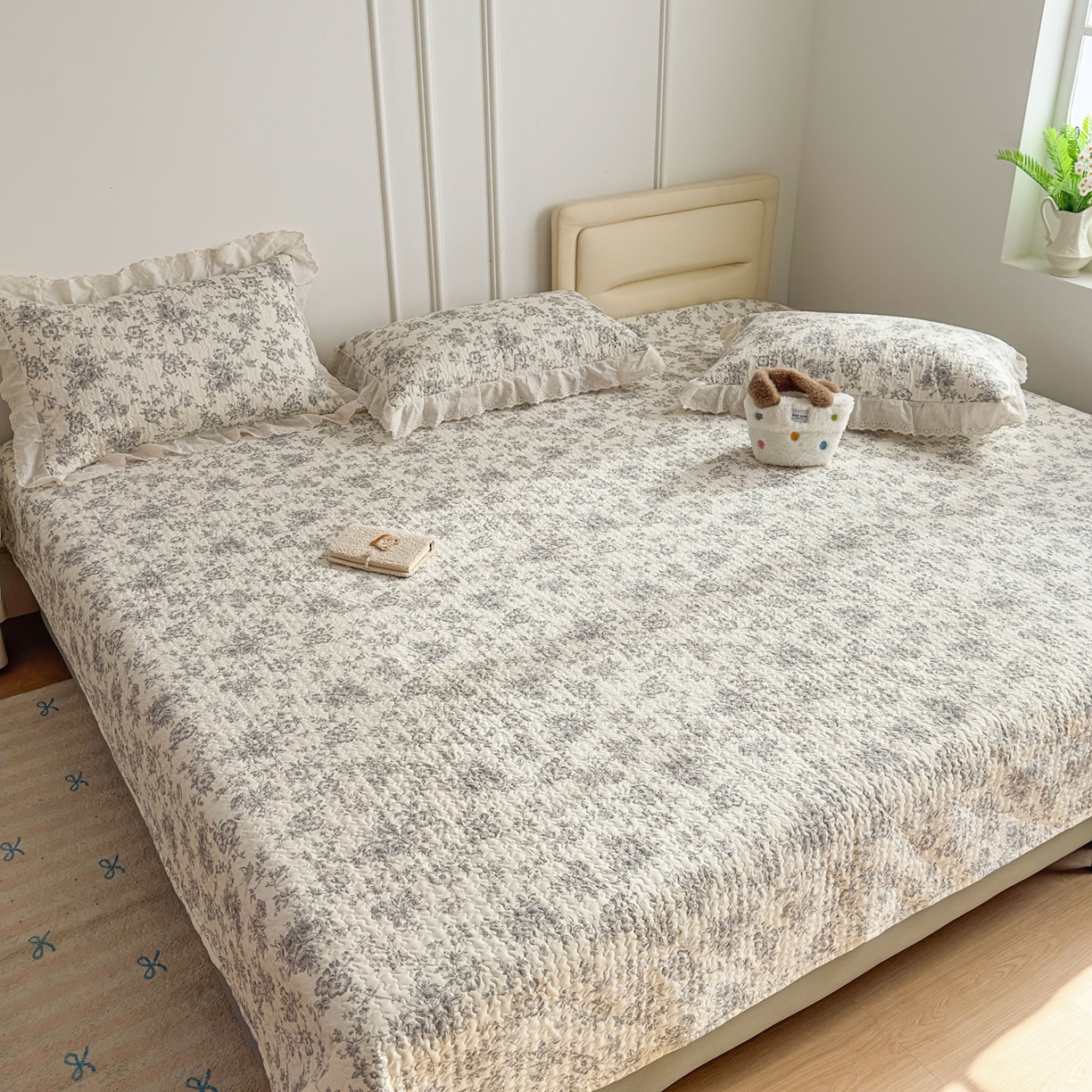 暖居 2026年支持定制纯棉床盖三件套四件套大拼接床专用榻榻米农村大炕盖直角系列 赫本白~包边款