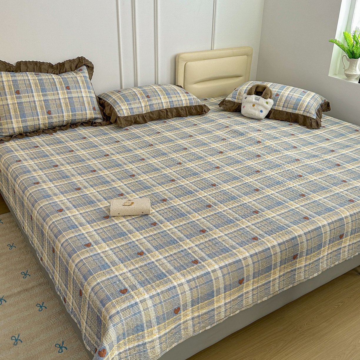 暖居 2026年支持定制纯棉床盖三件套四件套大拼接床专用榻榻米农村大炕盖直角系列 莱恩蓝~包边款