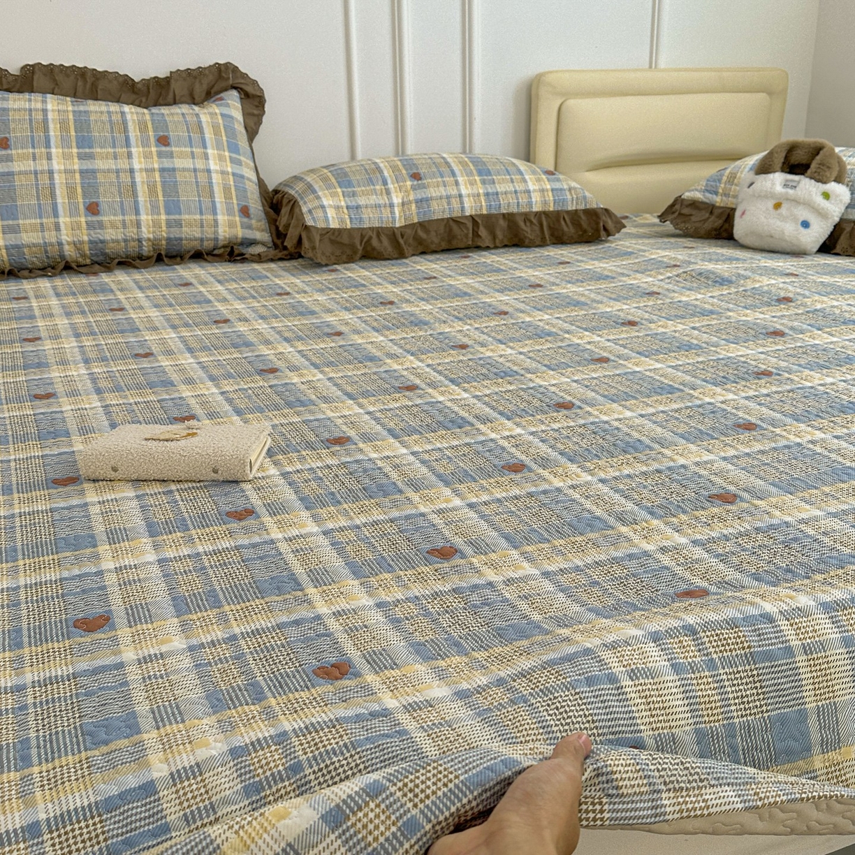 91家纺网 家纺一手货源 找家纺 暖居 2026年支持定制纯棉床盖三件套四件套大拼接床专用榻榻米农村大炕盖直角系列 莱恩蓝~包边款