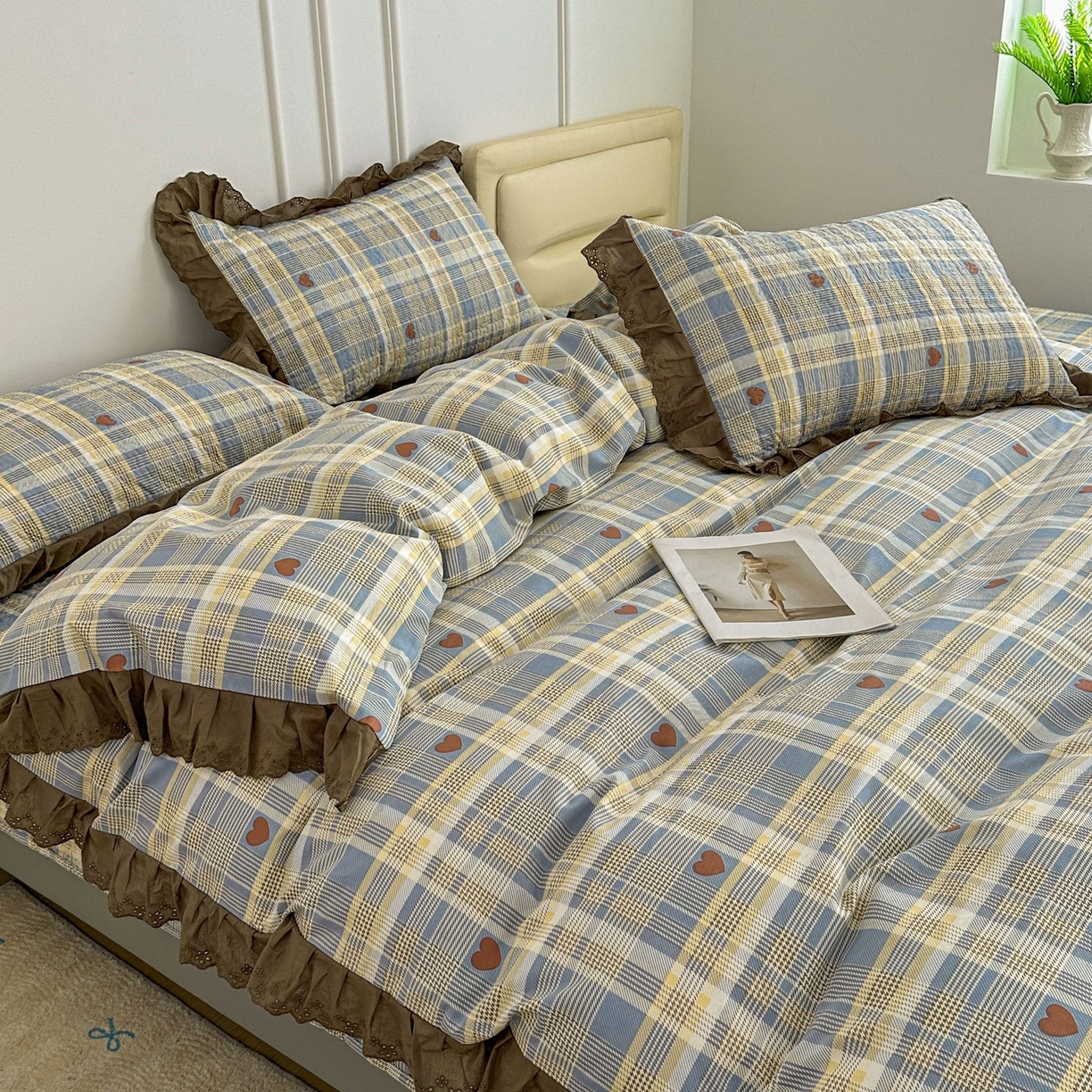 91家纺网 家纺一手货源 找家纺 暖居 2026年支持定制纯棉床盖三件套四件套大拼接床专用榻榻米农村大炕盖直角系列 莱恩蓝~包边款