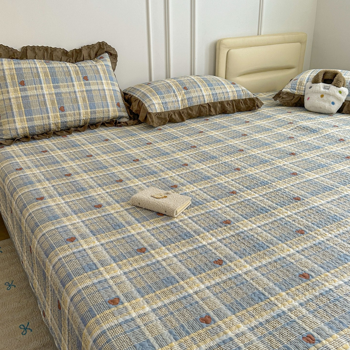 91家纺网 家纺一手货源 找家纺 暖居 2026年支持定制纯棉床盖三件套四件套大拼接床专用榻榻米农村大炕盖直角系列 莱恩蓝~包边款