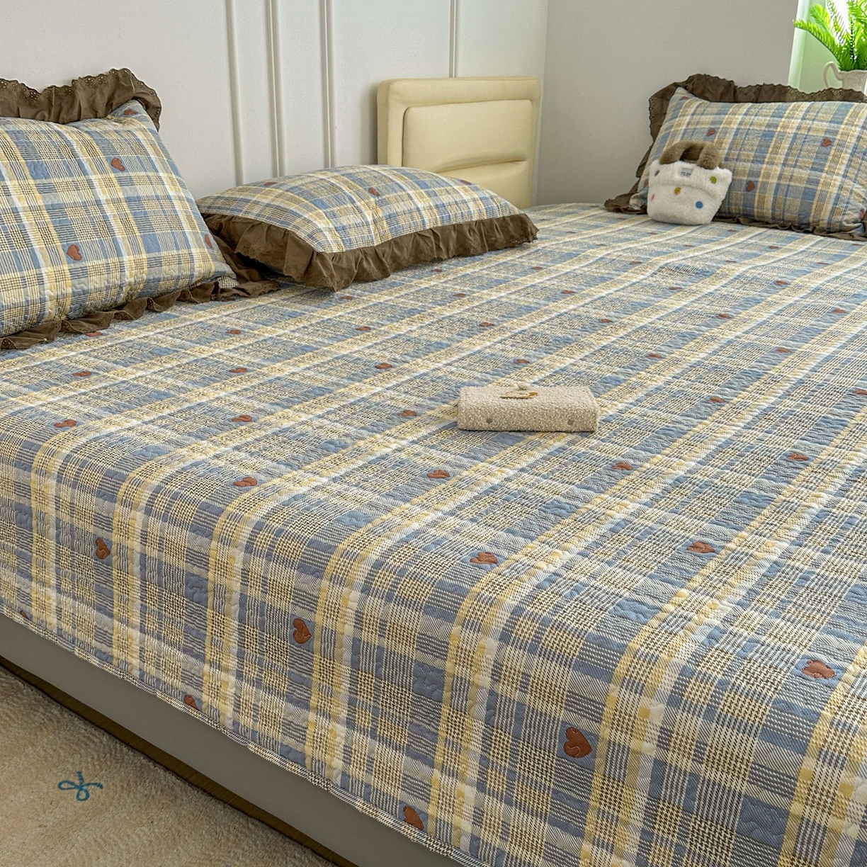 91家纺网 家纺一手货源 找家纺 暖居 2026年支持定制纯棉床盖三件套四件套大拼接床专用榻榻米农村大炕盖直角系列 莱恩蓝~包边款