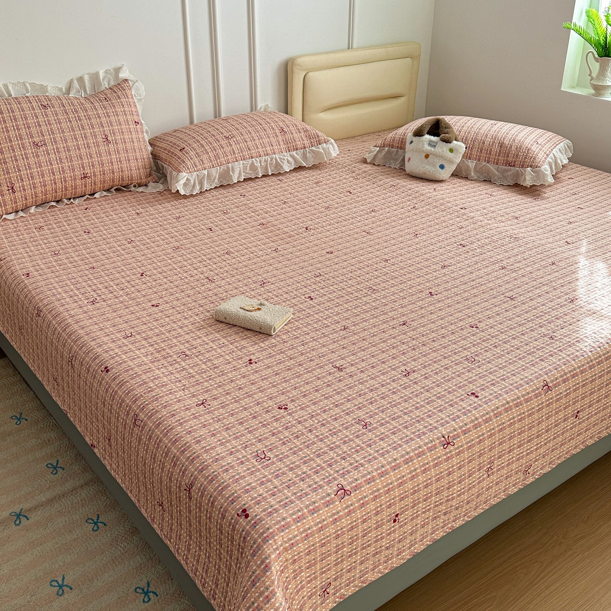 暖居 2026年支持定制纯棉床盖三件套四件套大拼接床专用榻榻米农村大炕盖直角系列 时尚小香粉~包边款