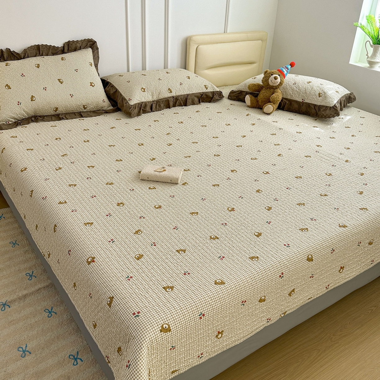 暖居 2026年支持定制纯棉床盖三件套四件套大拼接床专用榻榻米农村大炕盖直角系列 熊头格子~包边款