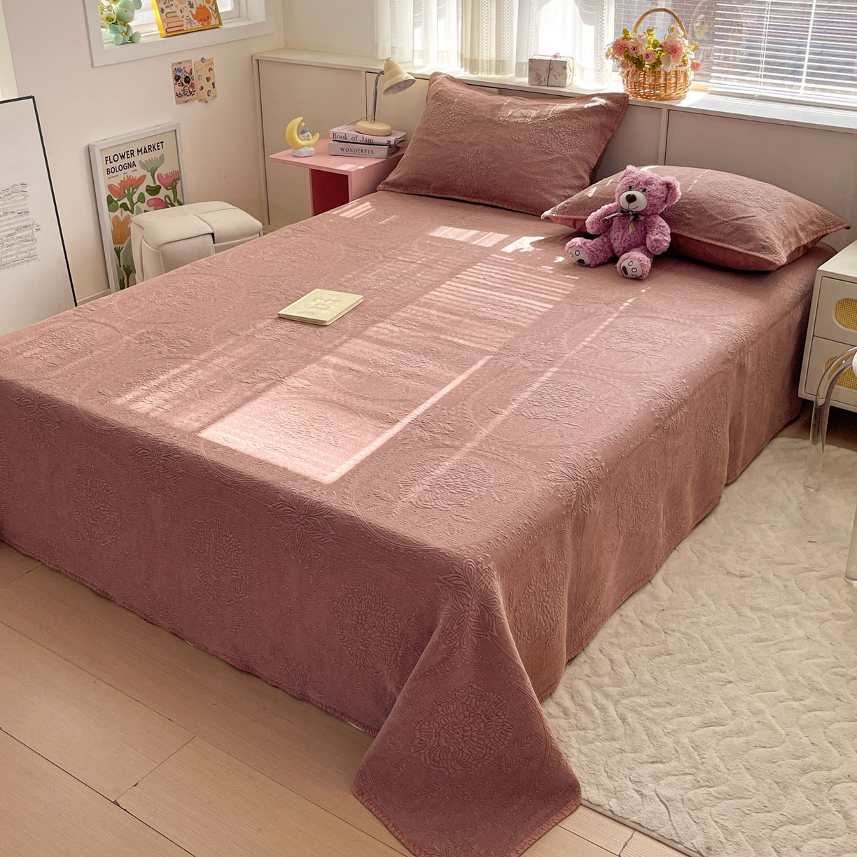 91家纺网 家纺一手货源 找家纺 栩裕纺织 2025新款全棉大提花砂洗床盖三件套—花开富贵大圆满系列 圆满-豆沙粉