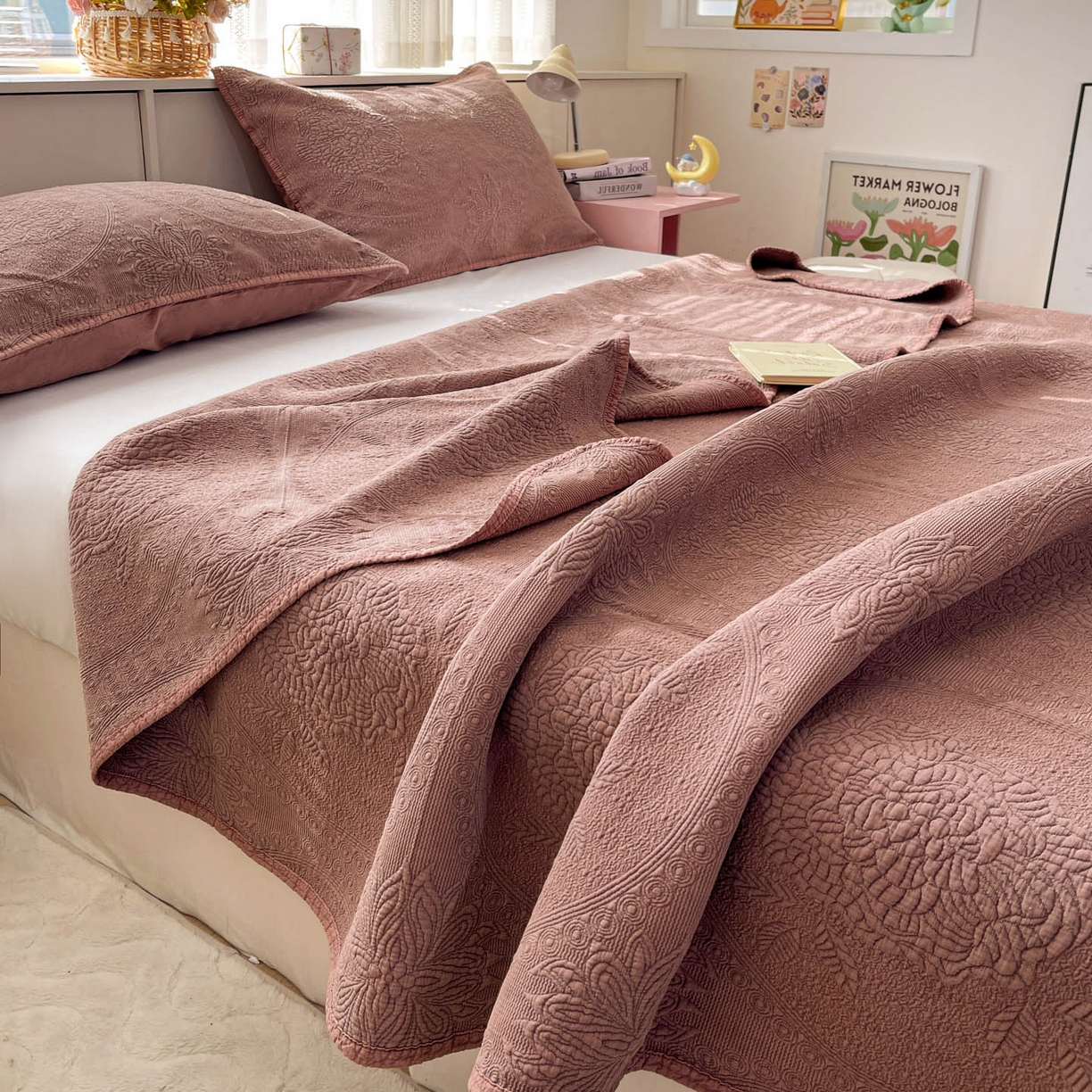 91家纺网 家纺一手货源 找家纺 栩裕纺织 2025新款全棉大提花砂洗床盖三件套—花开富贵大圆满系列 圆满-豆沙粉