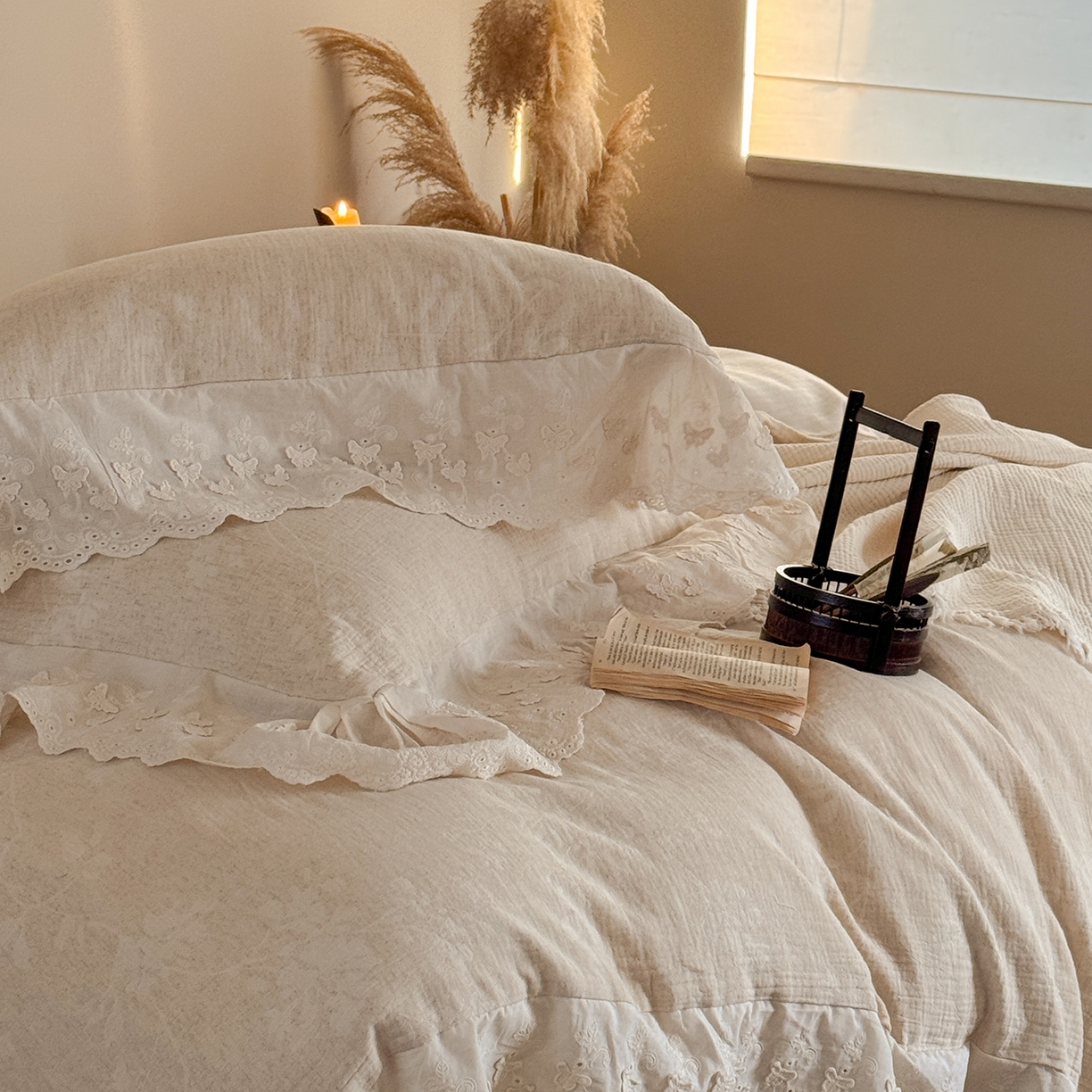 91家纺网 家纺一手货源 找家纺 （总）爱丽丝 2026新款色织提花棉麻四件套-椿山集花边款