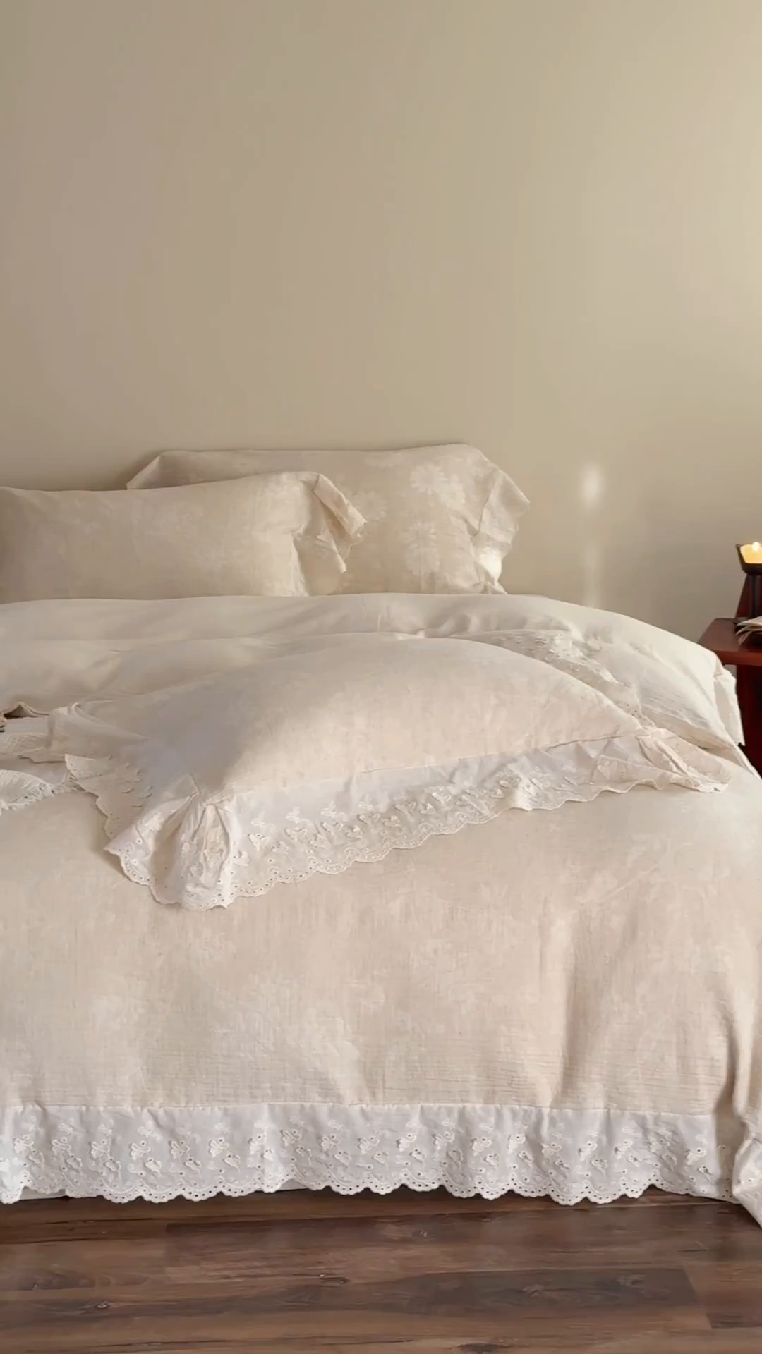 91家纺网 家纺一手货源 找家纺 （总）爱丽丝 2026新款色织提花棉麻四件套-椿山集花边款