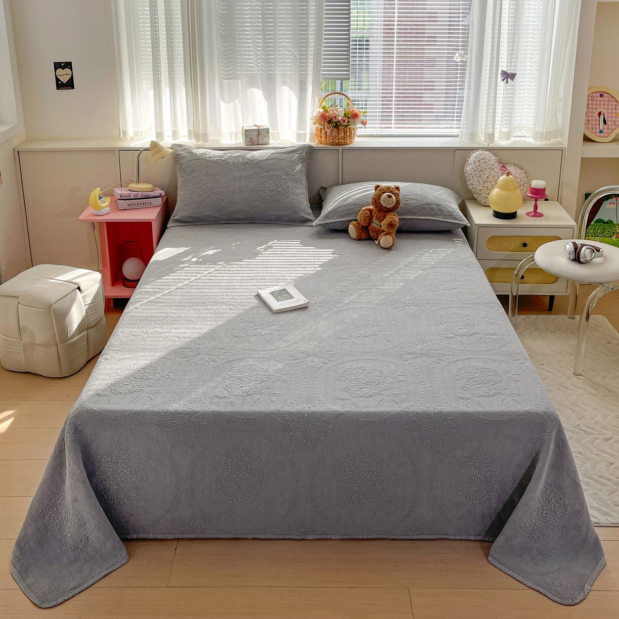 栩裕纺织 2025新款全棉大提花砂洗床盖三件套—花开富贵大圆满系列 圆满-灰