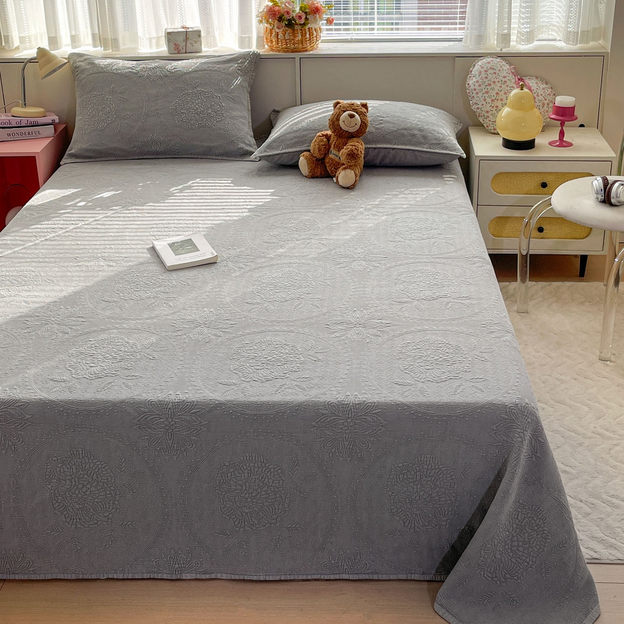 91家纺网 家纺一手货源 找家纺 栩裕纺织 2025新款全棉大提花砂洗床盖三件套—花开富贵大圆满系列 圆满-灰